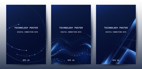 Futuristic digital blue line technology poster set, glowing lines innovation and connection network background for tech event poster or presentation product business