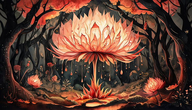 enorme pianta sbocciata dai petali luminosi simile ad un loto in una foresta magica, enormous plant with bright petals like a lotus in a magical forest