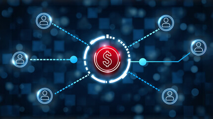 Financial Network: A digital representation of a financial network, showcasing interconnected nodes and a central hub symbolized by a dollar sign, representing the flow of money and transactions.