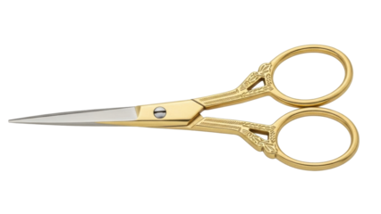 Isolated decorative gold scissors, embroidery tool, detailed design, sewing craft concept