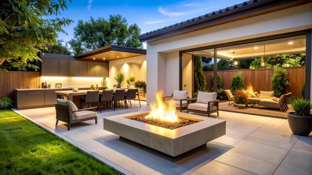 Inviting outdoor patio with a square concrete fire pit, lounge chairs, dining table, kitchen cabinets and a lush green lawn at dusk.