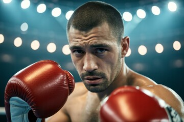 A determined boxer with intense focus stands in a spotlighted ring, ready to engage in a combat sport.