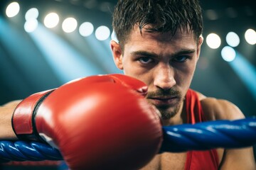 A determined boxer wearing a red glove rests on the ropes of a boxing ring, looking intensely into the camera under bright stadium lights.