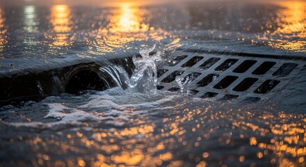 Water Flows Over a Grate During Heavy Rain With Reflections Of Lights
