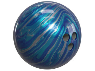 Isolated glossy blue bowling ball with swirl pattern and finger holes for striking sport