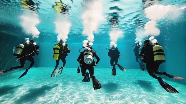 Scuba dive training pool where students learn underwater skills and techniques in a controlled environment during their certification course