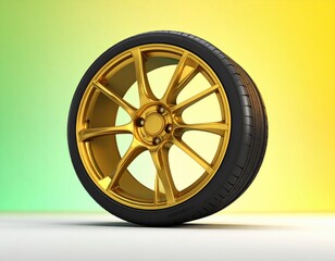 Golden rim and tire on a graduated green/yellow backdrop
