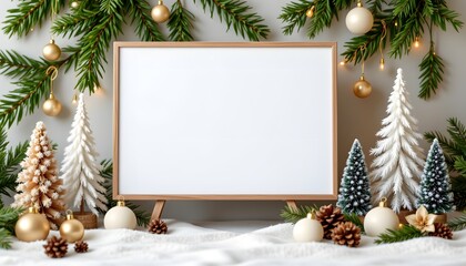 Festive Christmas Backdrop: A beautifully arranged scene evokes holiday cheer. A blank board ready for adding custom content, surrounded by ornaments and a snow-covered scene.