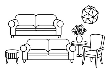A line drawing depicts a living room with two sofas, an armchair, a side table, and a geometric wall decoration.