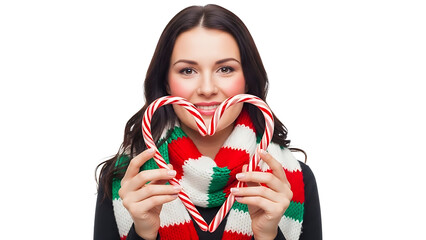A woman forms a heart shape with candy canes, celebrating a winter holiday