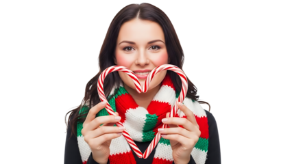 A woman forms a heart shape with candy canes, celebrating a winter holiday
