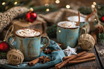 Fototapeta premium Cozy holiday still life with cinnamon sticks, warm cocoa mugs, and rustic décor.