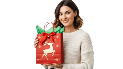 A woman holding a beautifully wrapped Christmas gift, filled with joy and anticipation