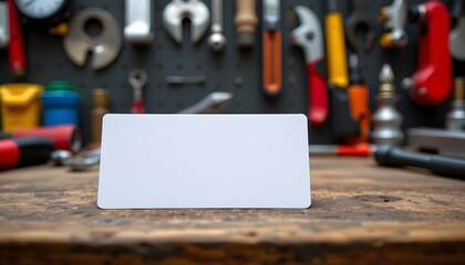 Workshop Showcase: A blank business card takes center stage, placed thoughtfully on a textured workbench with tools in background, perfect for adding your message.