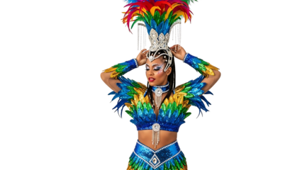 A performer adorns a stunning, feathered costume, adorned with vibrant hues. The elegant headpiece, cuffs, and ensemble exude a captivating allure