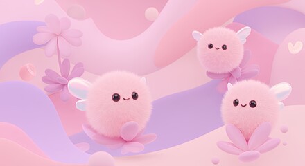 Cute Pink Fluffy Bunny Characters Surrounded by Flowers in Soft Pastel Colors