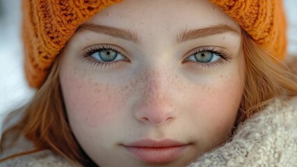 Young female with striking blue eyes wearing an orange beanie and a cozy scarf enjoys a winter day, capturing the beauty of a snowy landscape in a close-up portrait