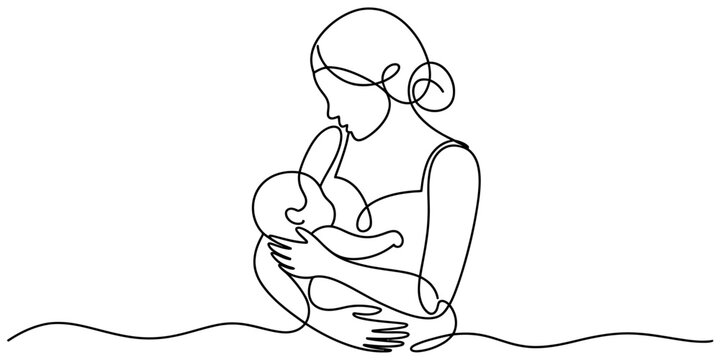 Continuous line art drawing of a mother lovingly holding and breastfeeding her newborn baby, symbolizing maternal care, love, and bonding. Vector, illustration