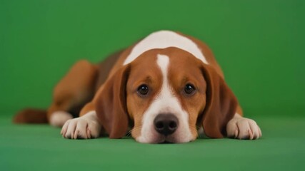 Close-Up of a Sad and Tired Brown Dog Lying Down and Resting Head on Paws on a Green Screen