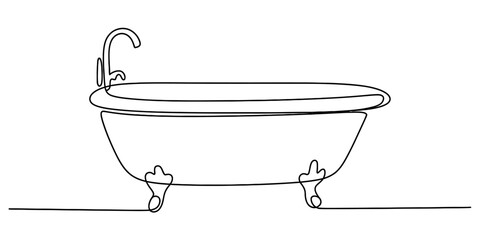 Continuous line drawing of a modern clawfoot bathtub with a faucet, minimalist bathroom design element on a clean white background. Vector, illustration