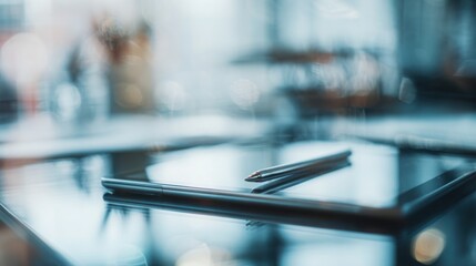 Close up of a digital tablet with stylus resting on its screen, bright soft focus office background, luxury tech productivity concept, crisp