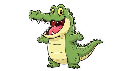 Fototapeta premium Happy cartoon alligator mascot with wide open mouth and welcoming arms pose