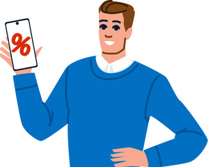 Smiling man showing smartphone screen with discount symbol