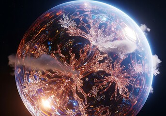Luminous crystal orb showing a futuristic civilization in space.