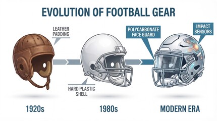 Football helmet evolution infographic shows helmet designs from leather padding in 1920s to plastic shell 1980s to smart helmet with sensors in modern era, safety progress history concept