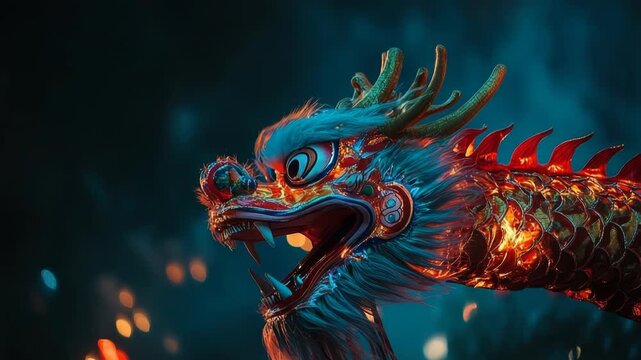 Dragon dance performance under glowing fireworks in the night sky during Chinese New Year, celebrating tradition, culture, and the spirit of 2026.