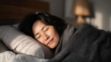 女性が昼下がりに、穏やかな表情で眠るリラックスした姿