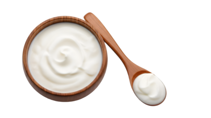 Bowl of sour cream with wooden spoon isolated on transparent background