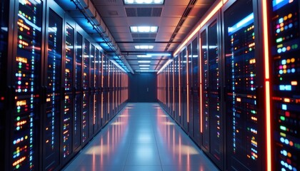 Data center corridor action modern technology environment server room futuristic viewpoint digital infrastructure