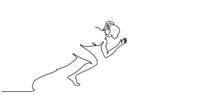 Animation of one line drawing of energetic woman runner ready to sprint at start line. Healthy sport training concept. Animated self drawing female athlete starting to sprint. running race banner. 