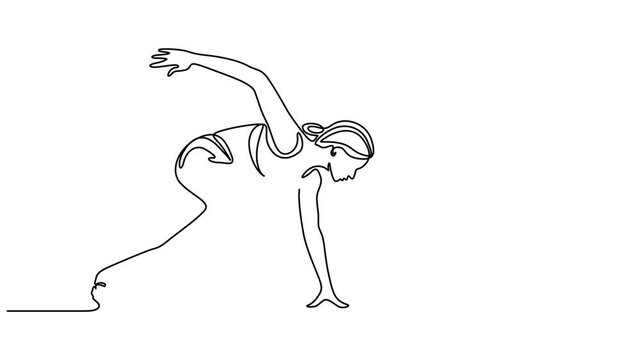 Animation of one line drawing of energetic woman runner ready to sprint at start line. Healthy sport training concept. Animated self drawing female athlete starting to sprint. running race banner. 