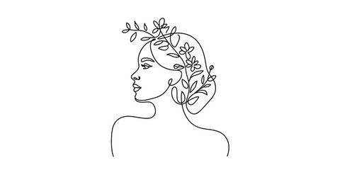 Continuous line art drawing of a woman's profile with flowing floral elements in her hair, embodying natural beauty and minimalist elegance. Vector, illustration