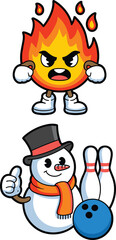 Angry Fire Flame Mascot and Happy Snowman Bowling Cartoon