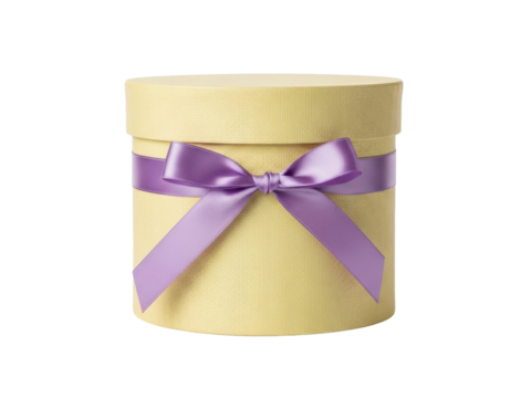 Isolated Yellow Round Gift Box with Purple Ribbon, Present for Birthday or Anniversary - Powered by Adobe