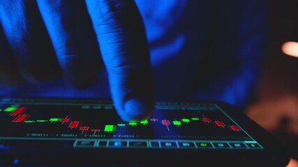 Trader's finger scrolling through a stock market financial graph on a smartphone at night - Powered by Adobe