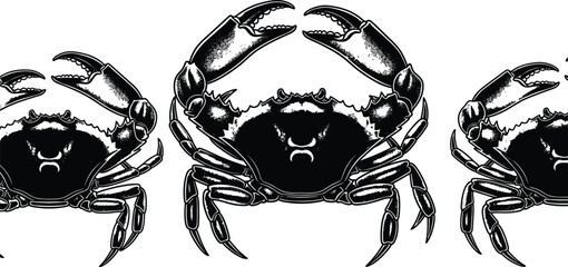 Black and White Crabs Vector Illustration, Set of Three Marine Life Crustaceans, Coastal Seafood Design Element, Wildlife Art, Ocean Animals, Editable EPS File.