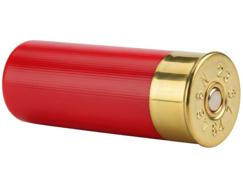 Isolated red shotgun shell lying flat, ammunition for defense, combat, or hunting activity