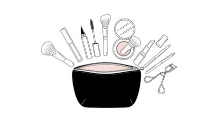 Elegant monochrome illustration showcasing essential makeup items spilling from a stylish bag
