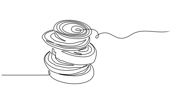 self drawing animated fresh red onion rings are carefully arranged in a stack continuous one line drawing. Multiple fresh one onion rings are carefully arranged in a stack, isolated on a clean onion.