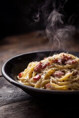 Creamy rustic Italian carbonara pasta with bacon and parmesan on dark wood for gourmet recipe content, restaurant menu promotion, food blog branding

