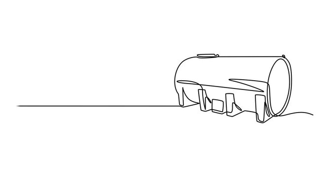 Horizontal Storage Tank animation continuous one line drawing, continuous one line drawing of a horizontal industrial tanker for fuel or water storage a large cistern vector monoline design 4k video.