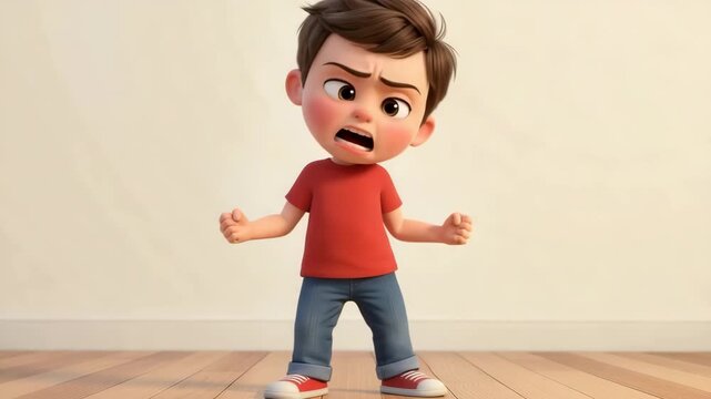 Cute 3D animated boy stomping and clenching fists, intensely expressing anger for childhood tantrum concept and emotional outburst illustration