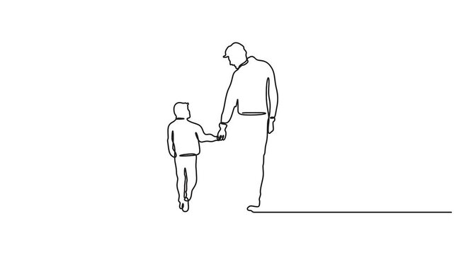 Self animated single line drawing of father and his children holding hands out line vector illustration