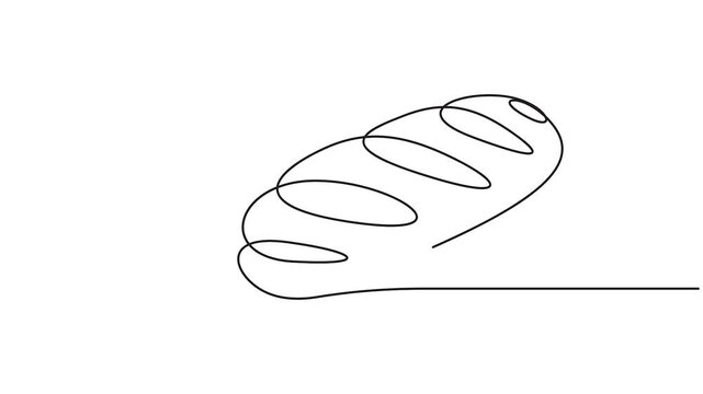 Self animated continuous one line drawing of fresh delicious French long thin loaf bread restaurant logo emblem- Baguette caf&eacute; shop logotype template concept vector illustration