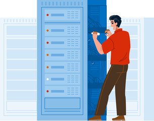 It technician doing network maintenance in server room