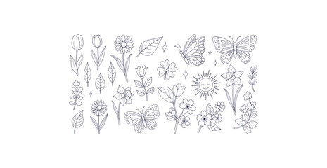 Charming black line art spring doodle collection featuring flowers leaves butterflies and sun on a clean white background © vectorial